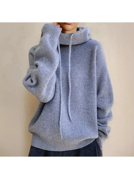 Women's hooded knit sweater with drawstrings and ribbed trims