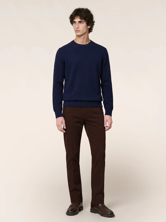 Men's navy crew neck sweater with long sleeves and ribbed trims