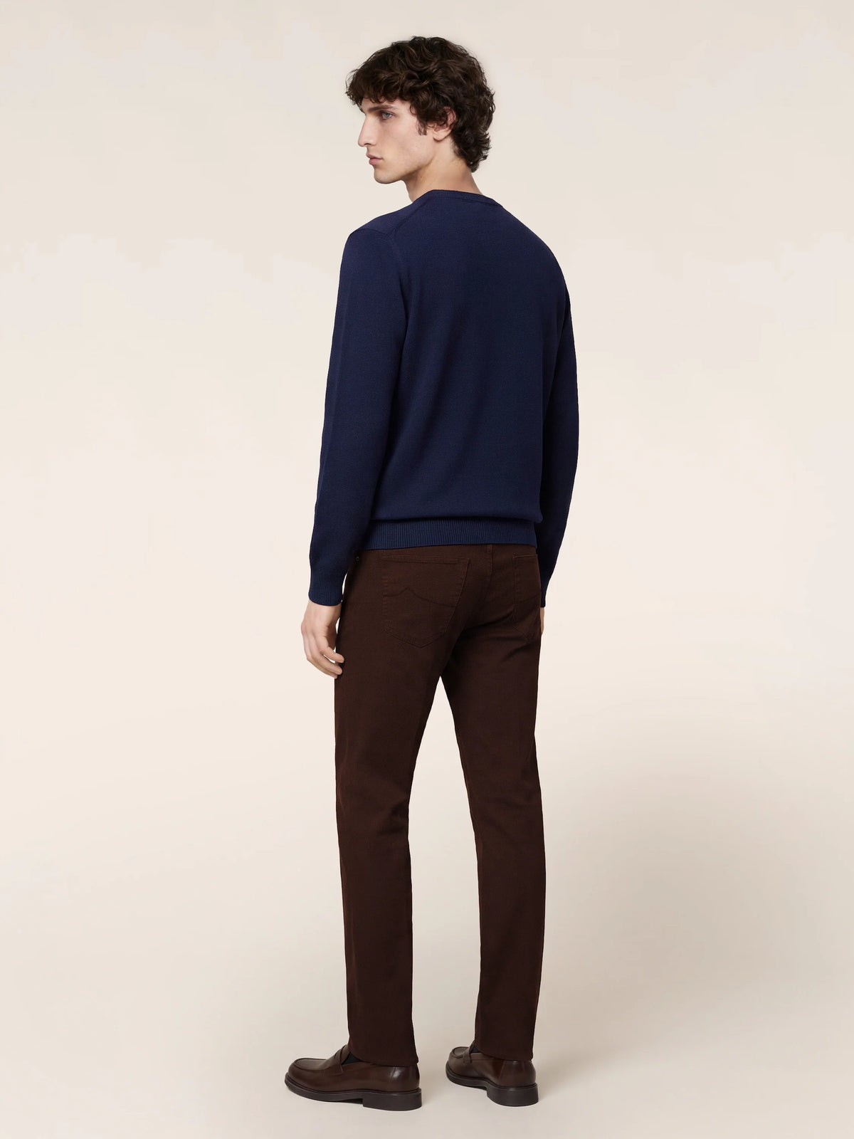 Men's navy crew neck sweater with long sleeves and ribbed trims