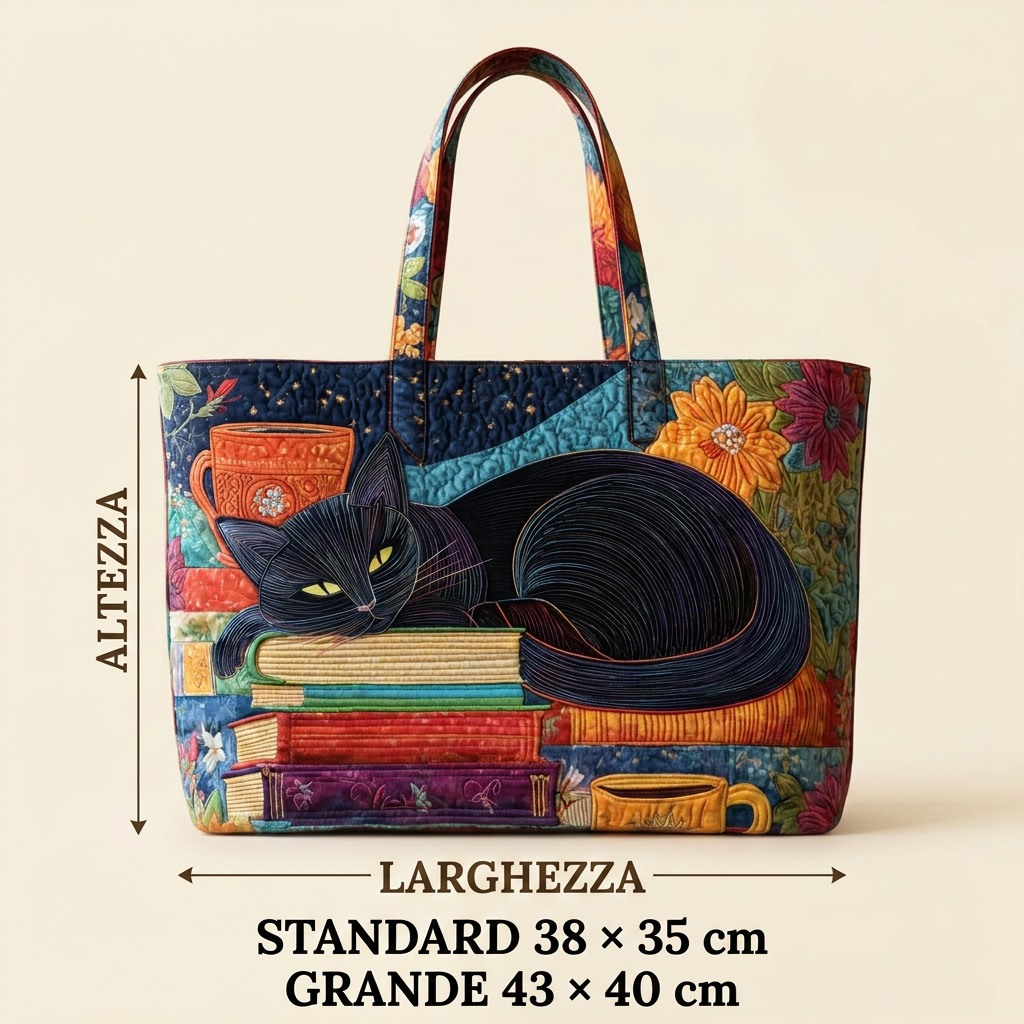 Multicolor quilted tote bag with black cat, books, cups and floral panels