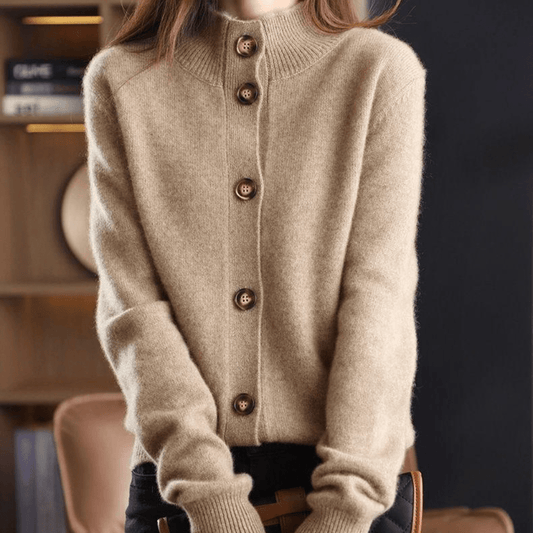 Women's long-sleeve button-front cardigan with ribbed stand collar