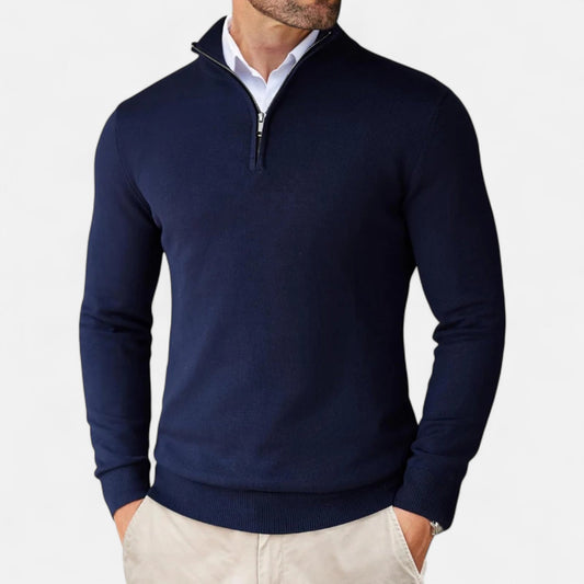 Men's slim-fit quarter-zip sweater with mock neck and long sleeves