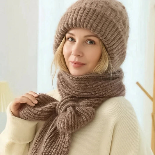 Women's ribbed knit hat and long scarf set with ear coverage