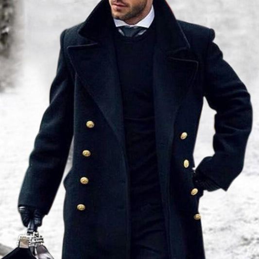 Men's navy long double-breasted coat with gold-tone buttons and broad lapels