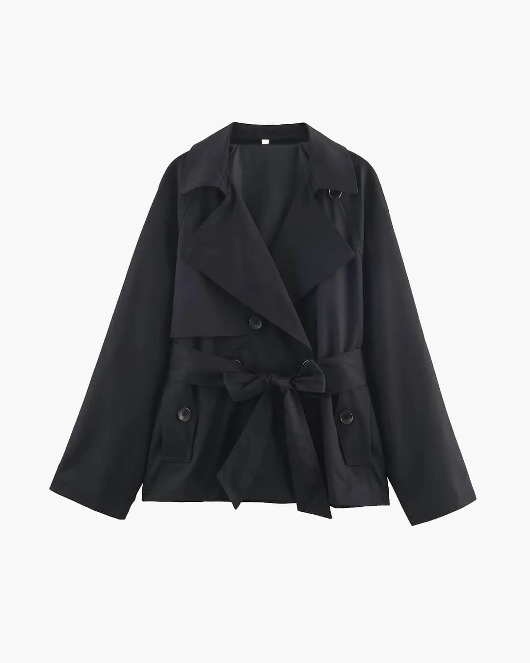Women's short belted trench coat with wide lapels and long sleeves
