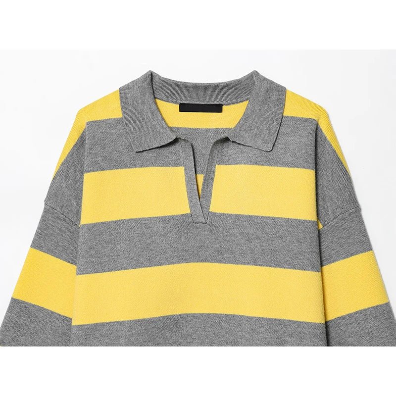Women's striped polo collar sweater with long sleeves and cropped hem