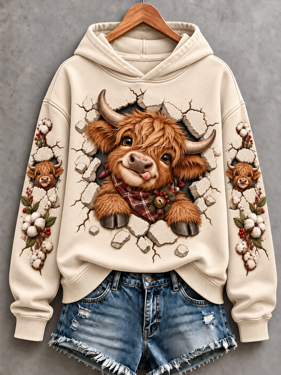 Beige women's hoodie with a highland cow graphic and illustrated sleeves