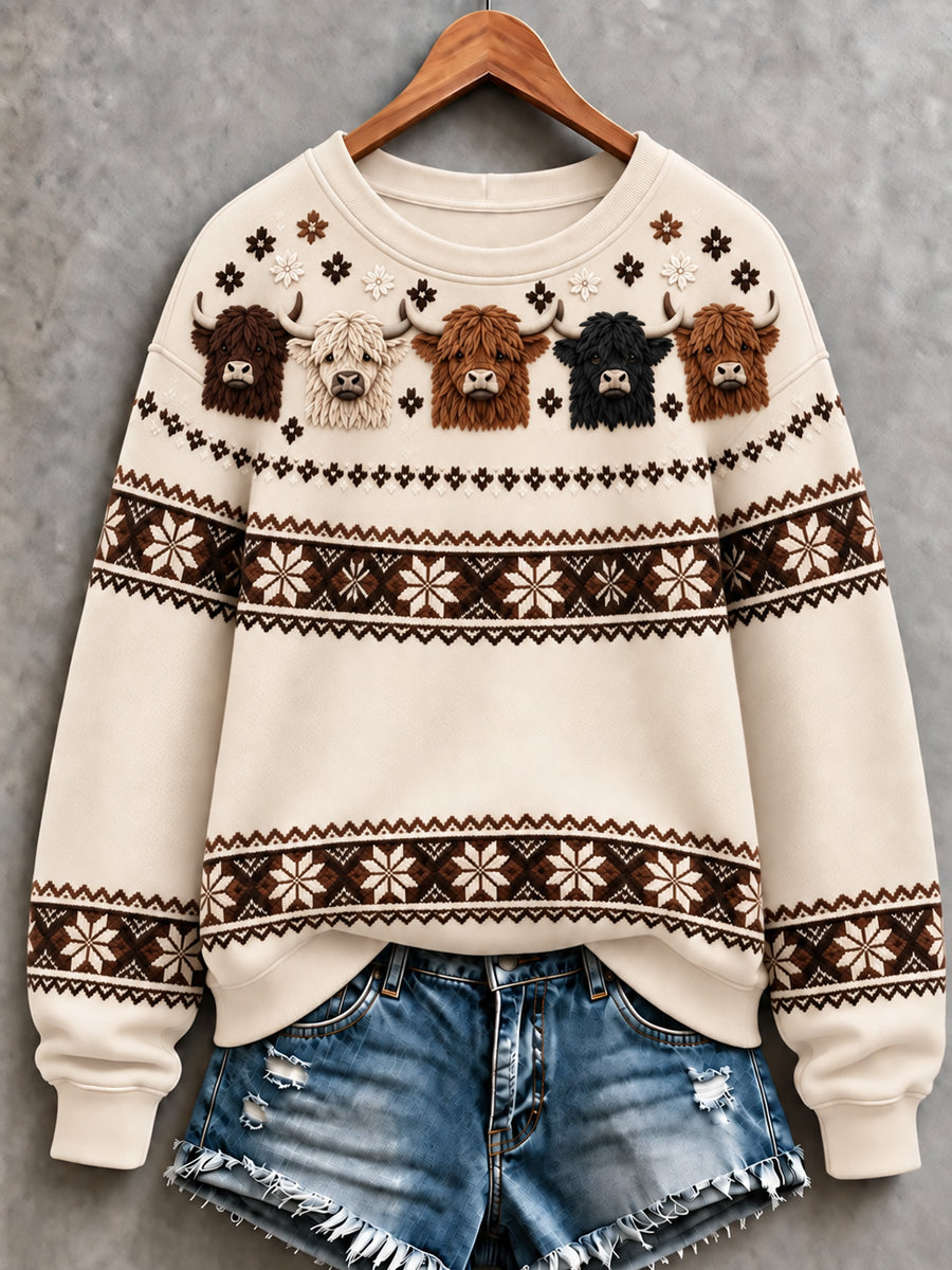 Women's beige sweatshirt with Highland cow graphics and geometric patterned bands