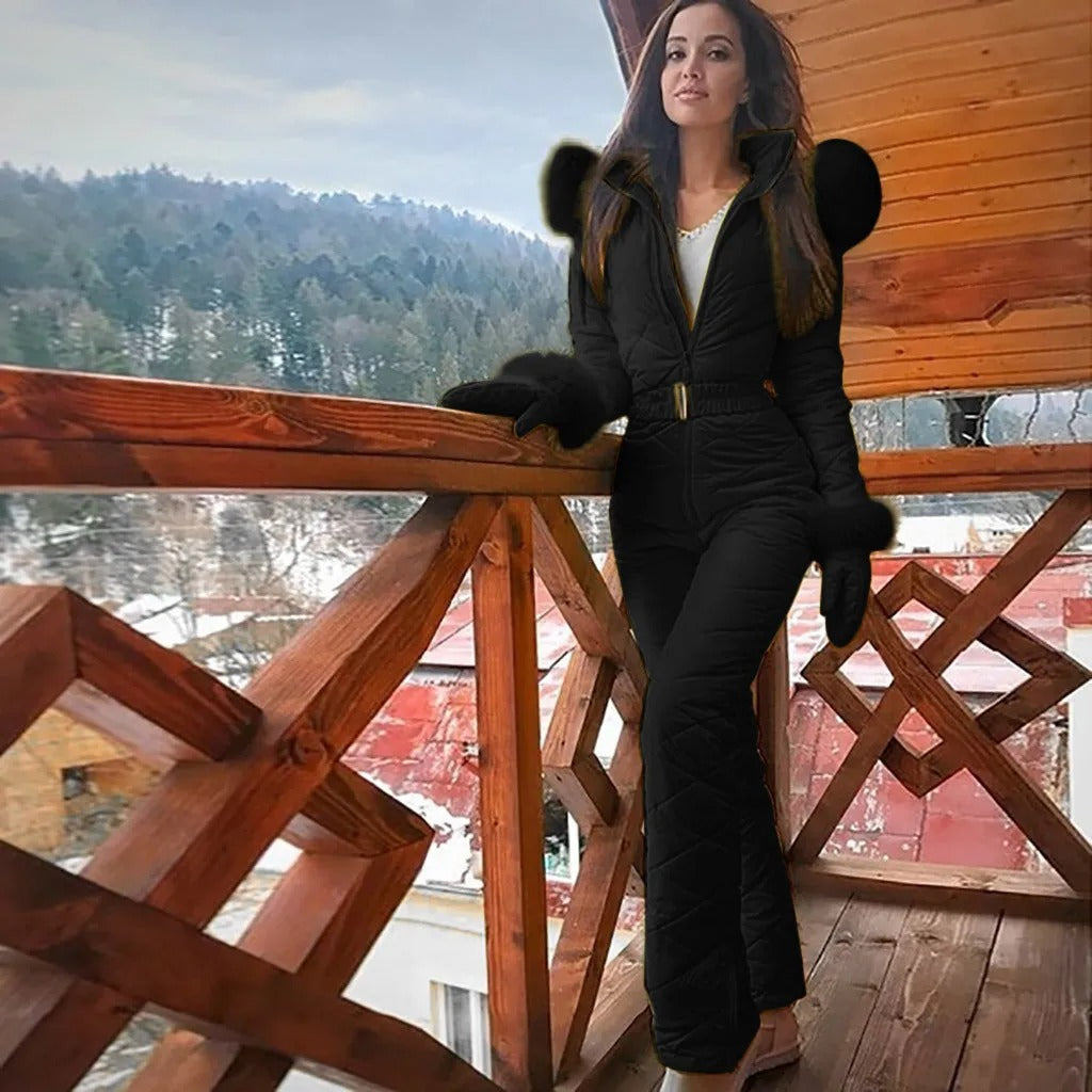 Women's quilted full-length ski jumpsuit with belt and high collar