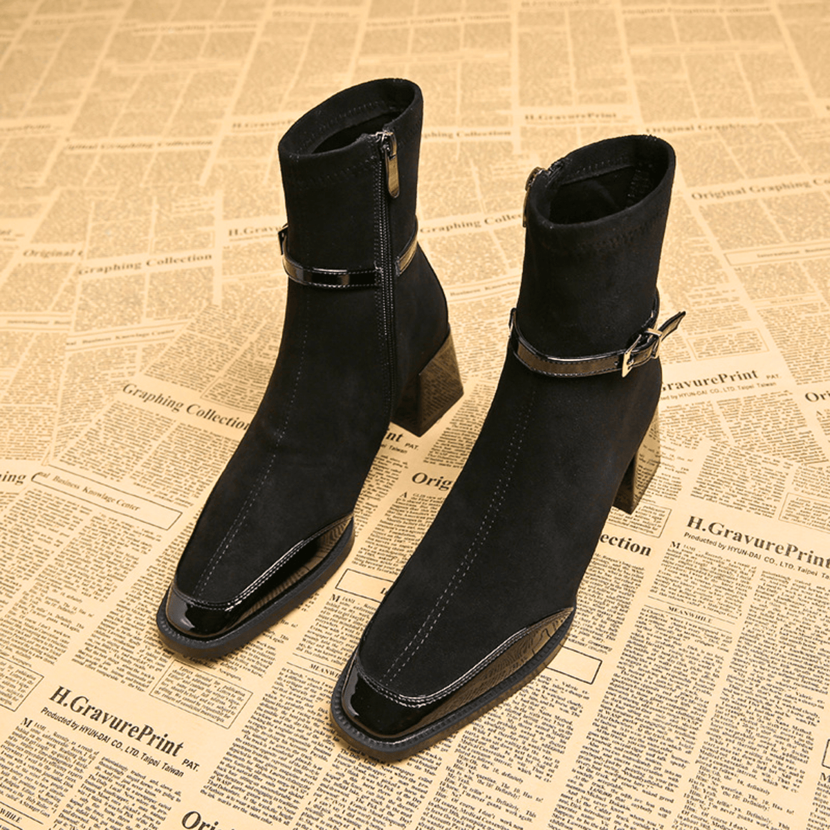 Women's square-toe ankle boots with buckle straps, side zippers and block heels