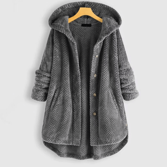 Women's hooded textured fleece coat with button front and patch pockets