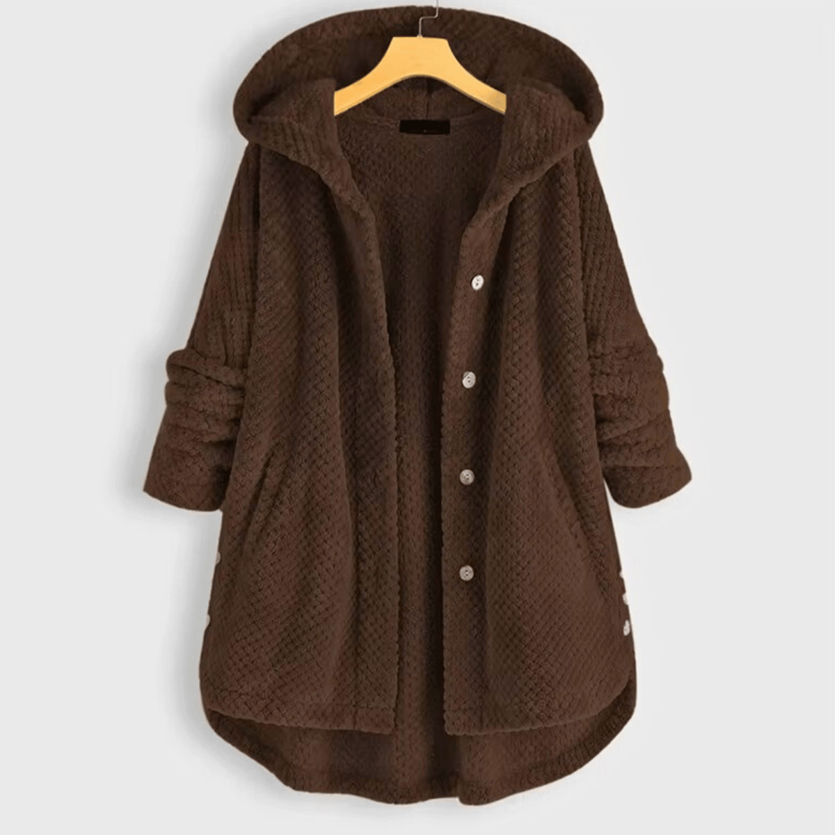Women's hooded textured fleece coat with button front and patch pockets
