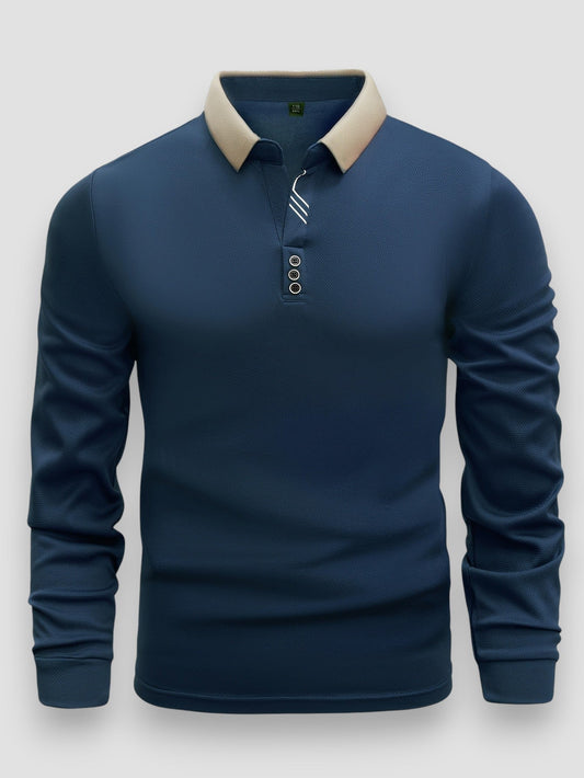 Men's long sleeve polo shirt with contrast collar and button placket