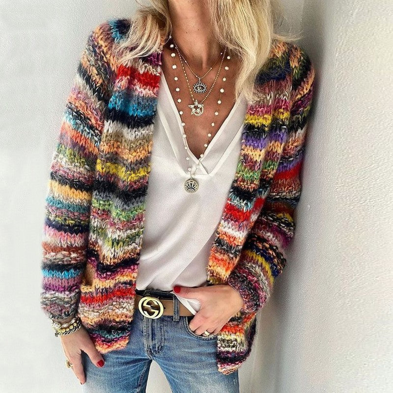Women's multicoloured striped knitted cardigan with long sleeves and open front