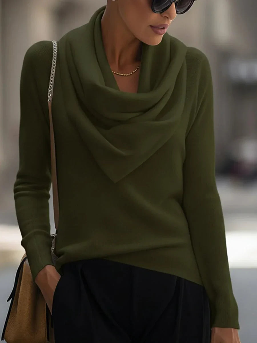 Women's knitted sweater with draped cowl neckline and long sleeves