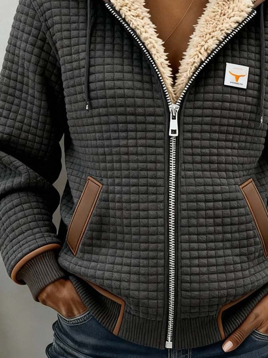 Women's gray quilted hooded jacket with sherpa-style lining and front zipper