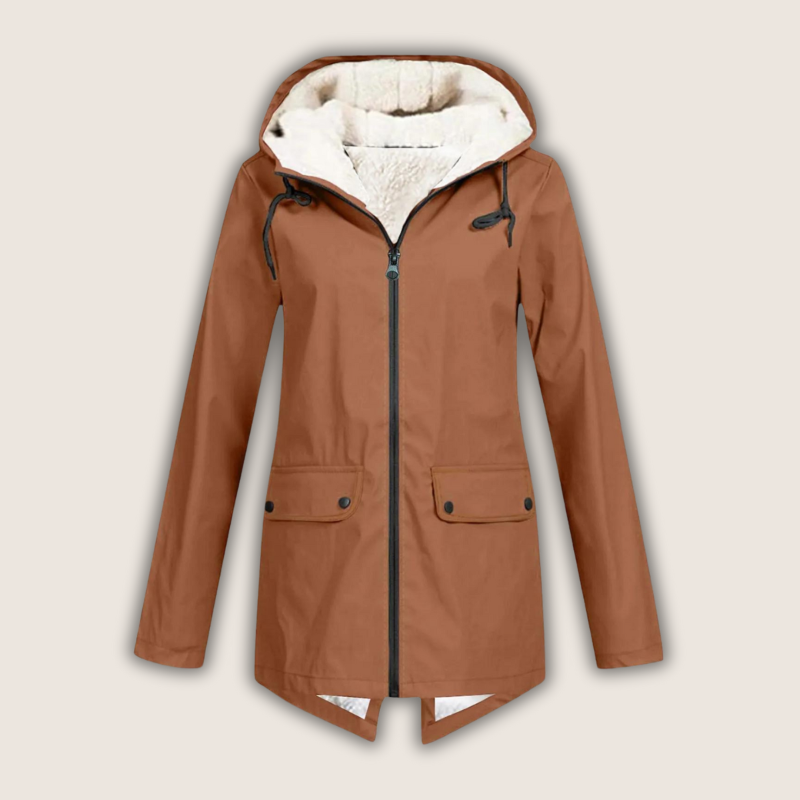 Women's hooded rain jacket with long sleeves, zip front and flap pockets