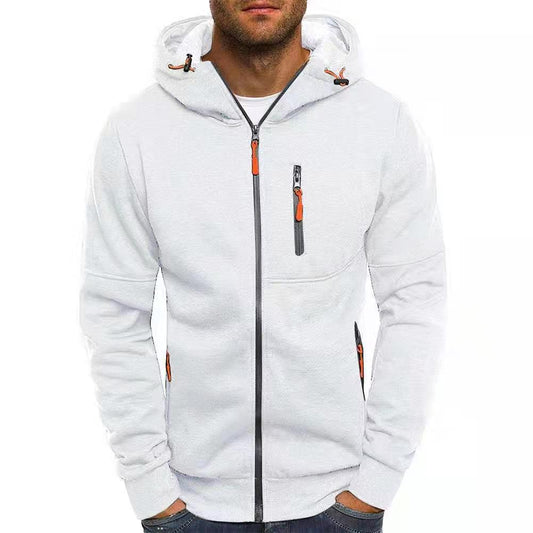 Men's hooded zip hoodie with long sleeves and multiple zipper pockets