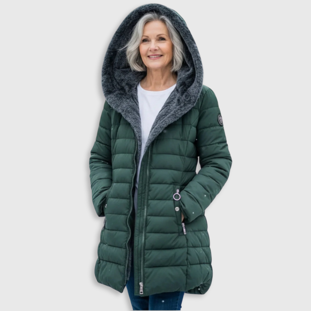 Women's long quilted puffer coat with hood and full front zipper