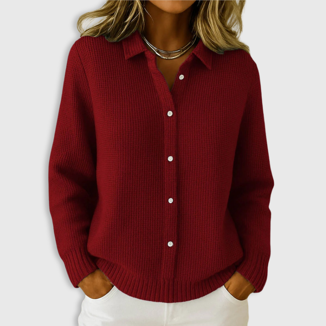 Women's collared button front knit cardigan with long sleeves