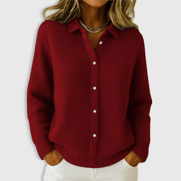 Women's collared button front knit cardigan with long sleeves
