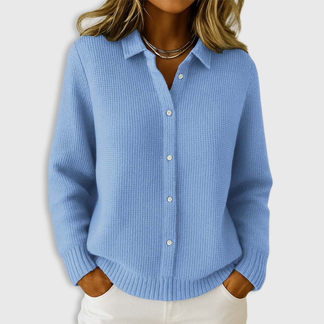 Women's collared button front knit cardigan with long sleeves