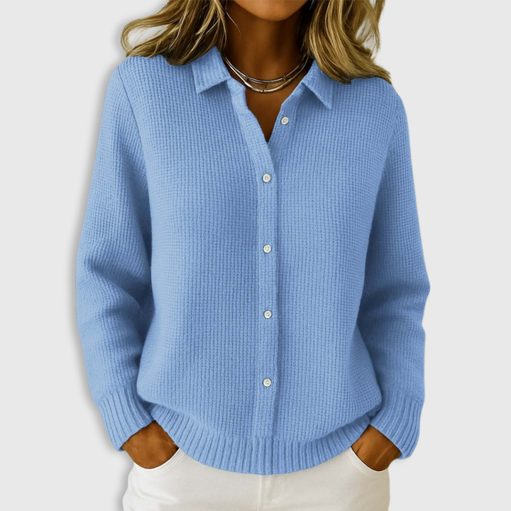 Women's collared button front knit cardigan with long sleeves