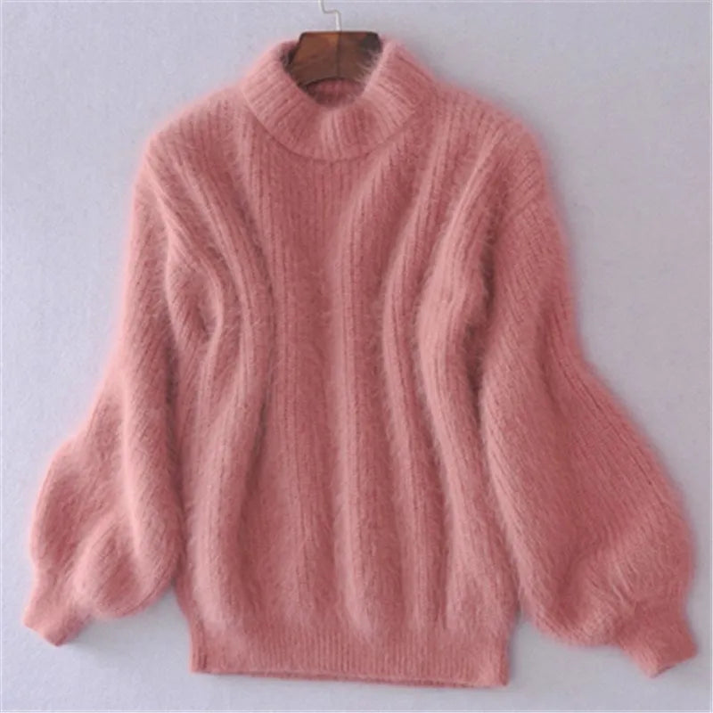 Women's mock neck sweater with long balloon sleeves and ribbed trims