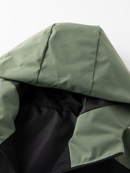 Men's black and green hooded jacket with yellow zips