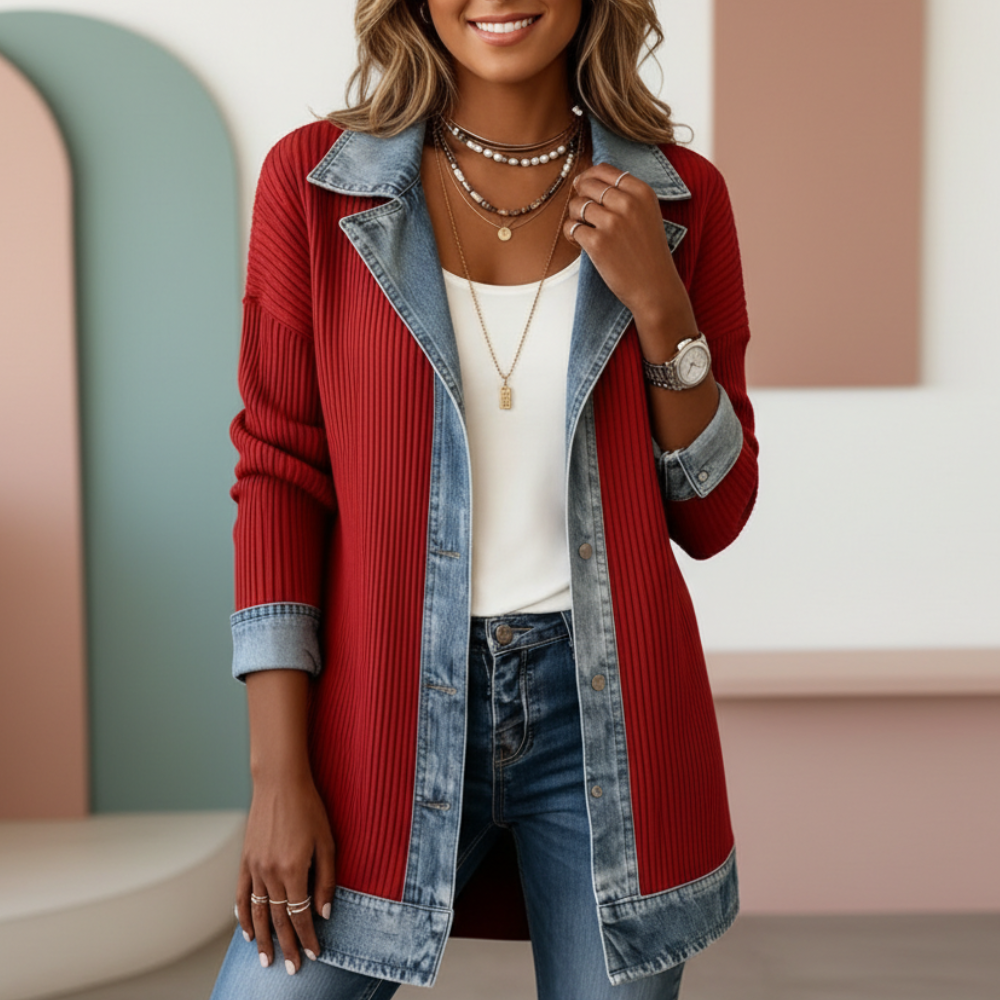 Women's longline patchwork cardigan jacket with collar, buttons and contrasting panels