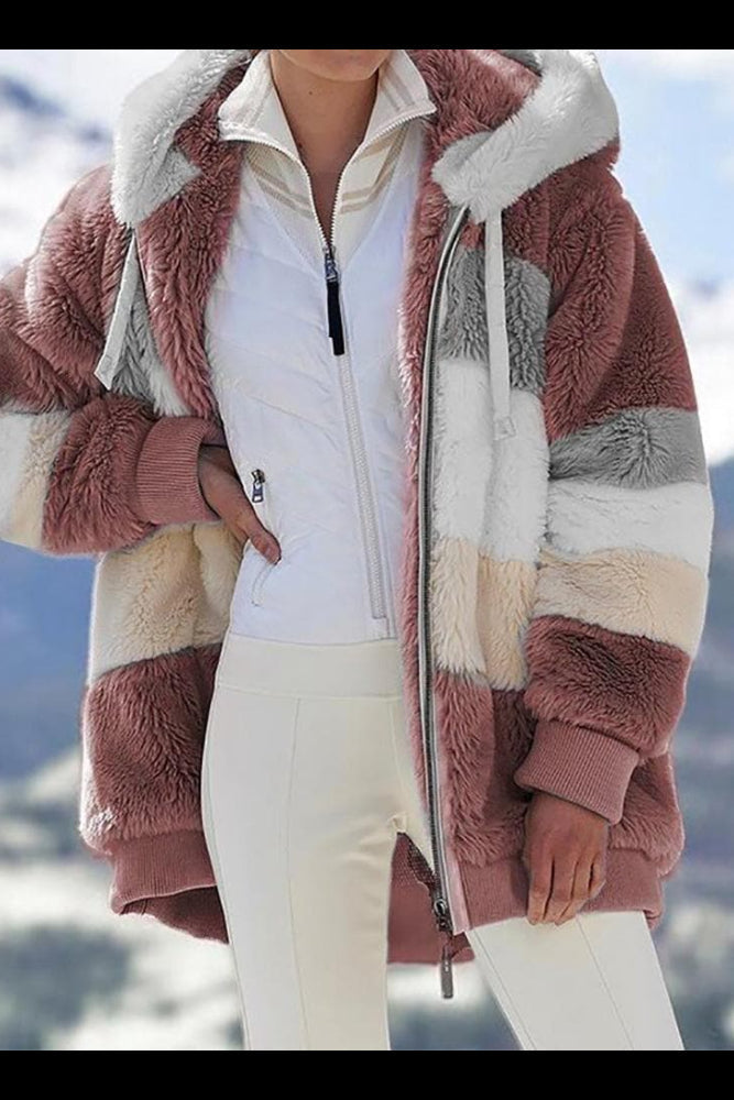 Women's color-block hooded zip hoodie with long sleeves and front pockets