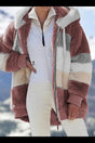 Women's color-block hooded zip hoodie with long sleeves and front pockets