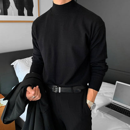 Men's plain mock neck sweater with long sleeves and ribbed trims