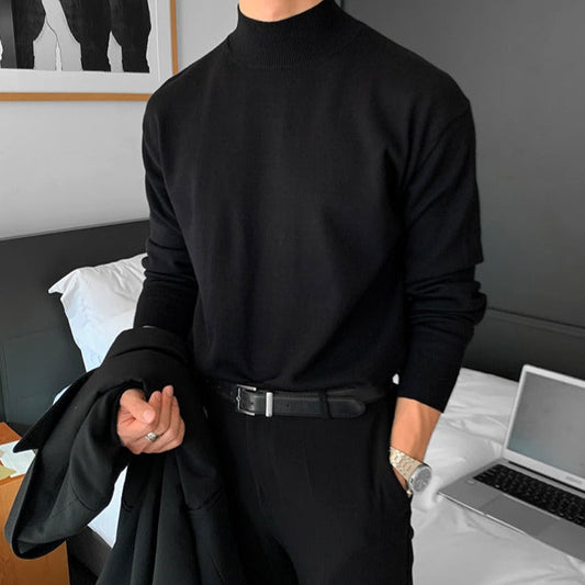 Men's plain mock neck sweater with long sleeves and ribbed trims