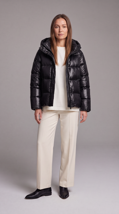 Women's hooded quilted puffer coat with long sleeves and zip front