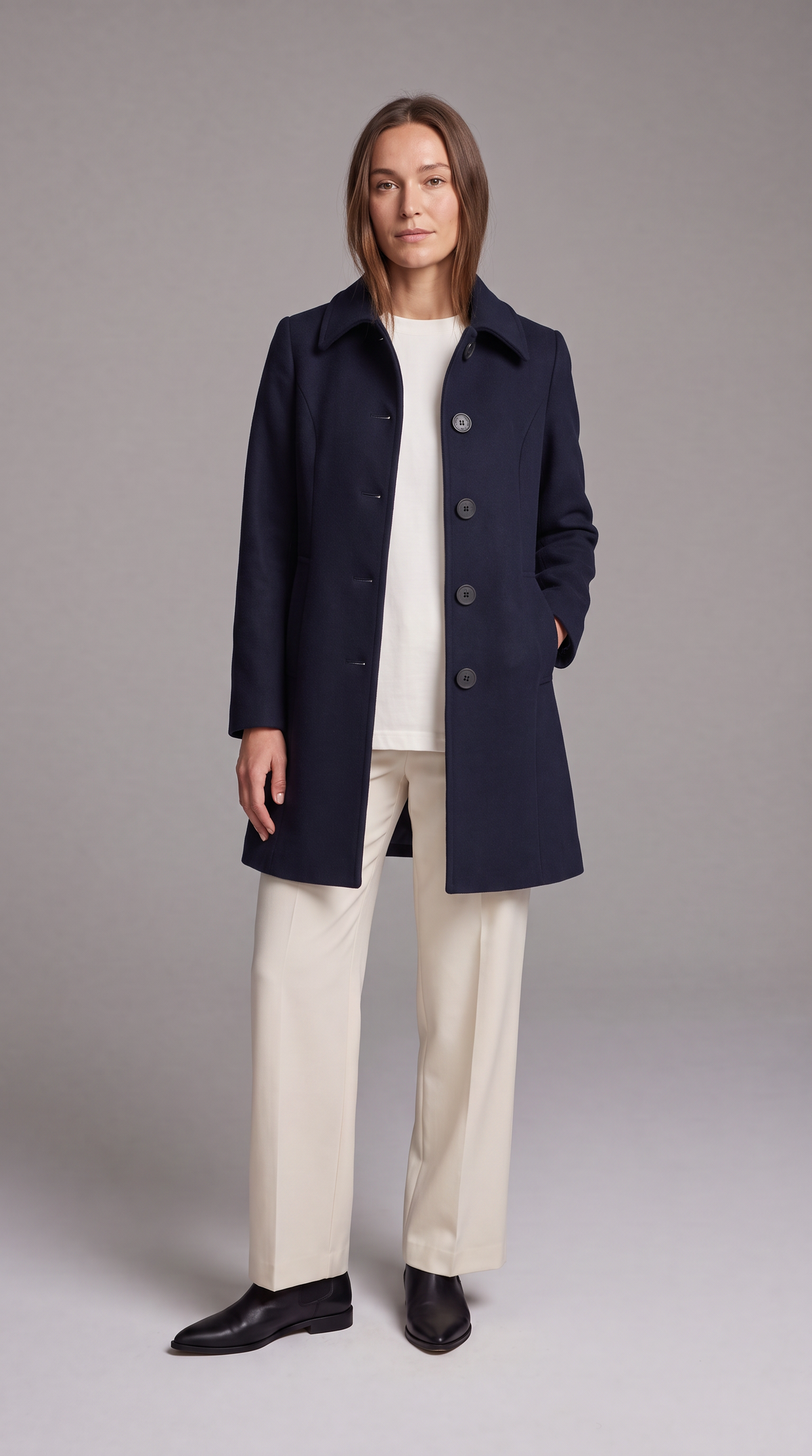 Women's fit and flare trench coat with pointed collar and button front