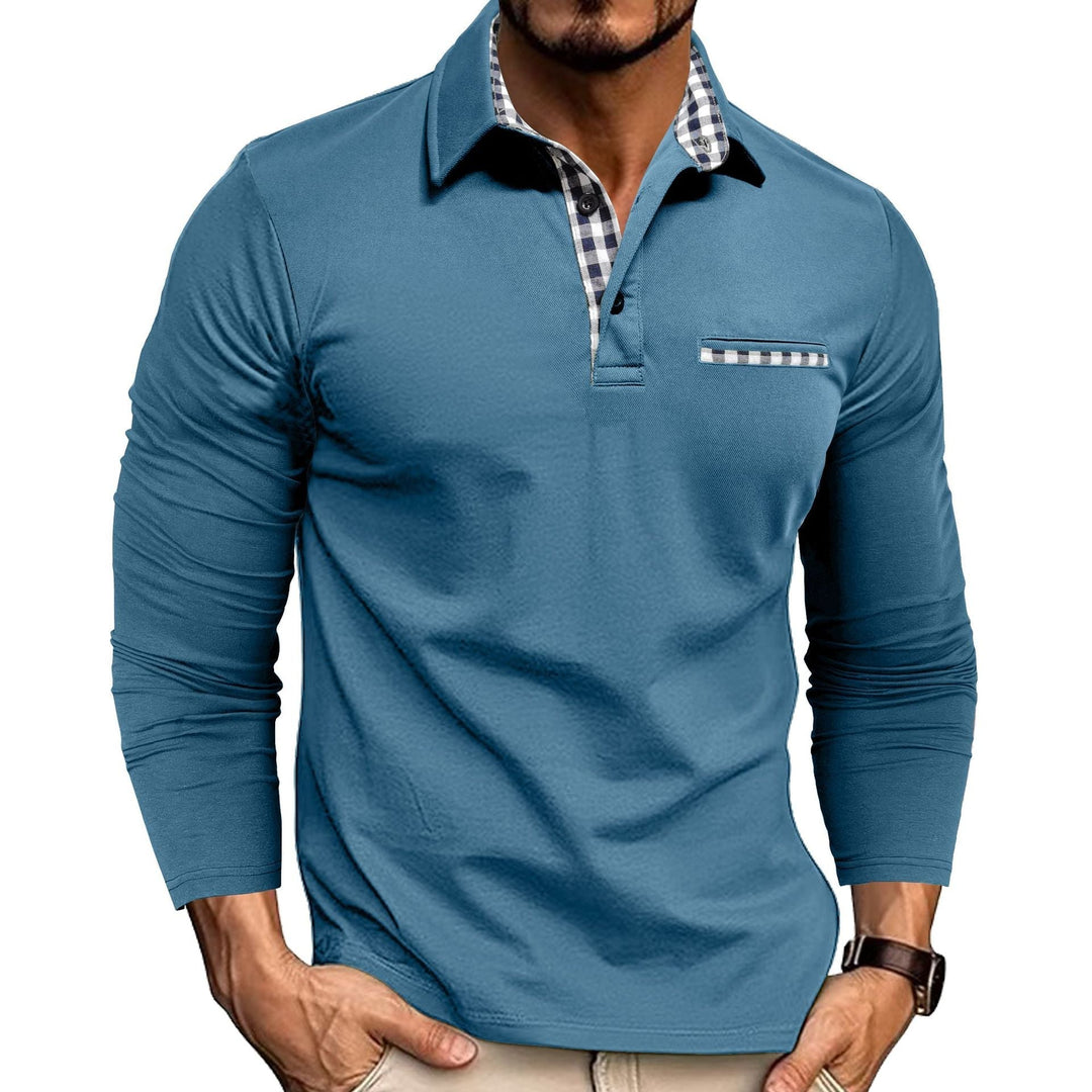 Men's long-sleeve polo shirt with checked collar and chest pocket