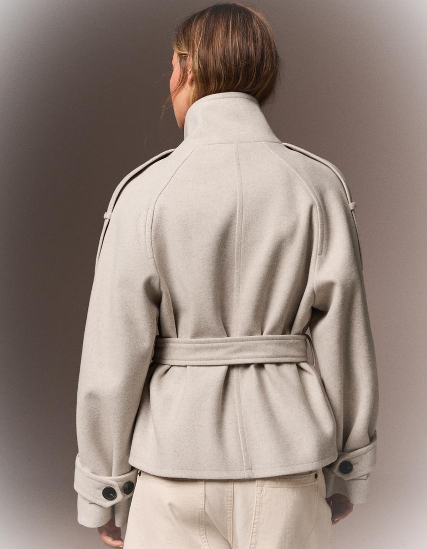 Women's funnel-neck belted trench jacket with double-breasted buttons
