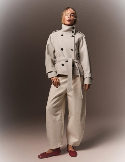 Women's funnel-neck belted trench jacket with double-breasted buttons