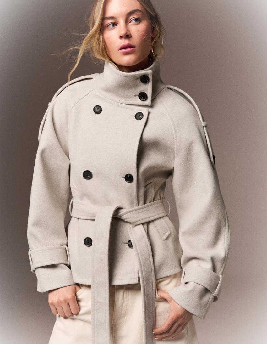 Women's funnel-neck belted trench jacket with double-breasted buttons