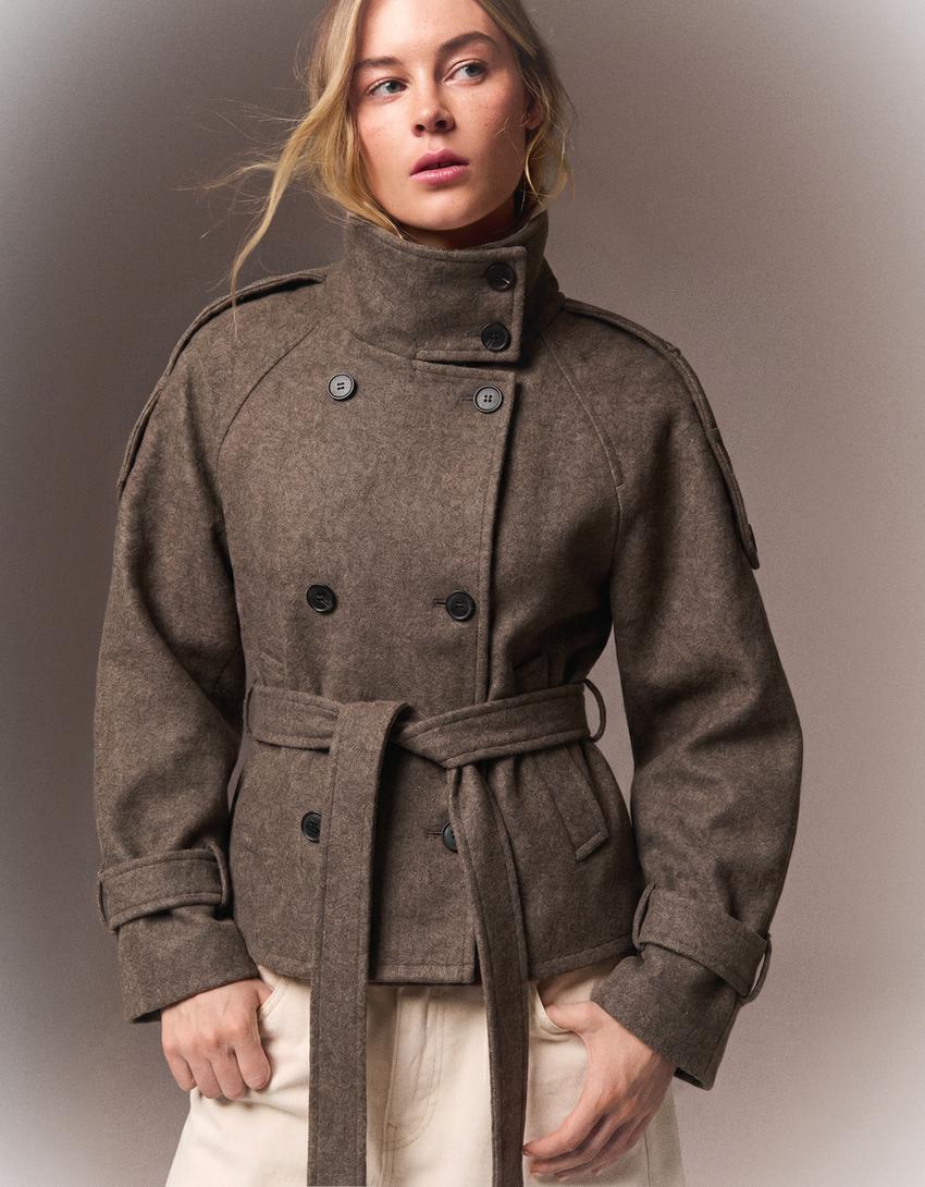 Women's funnel-neck belted trench jacket with double-breasted buttons
