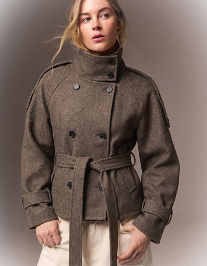 Women's funnel-neck belted trench jacket with double-breasted buttons