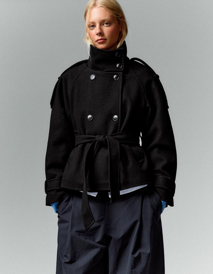 Women's funnel-neck belted trench jacket with double-breasted buttons