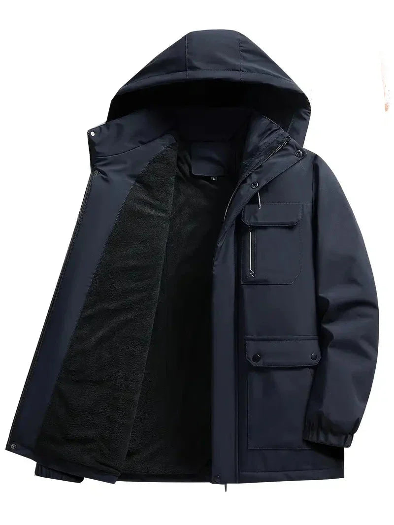 Men's hooded parka jacket with zip front, utility pockets and fleece-textured lining