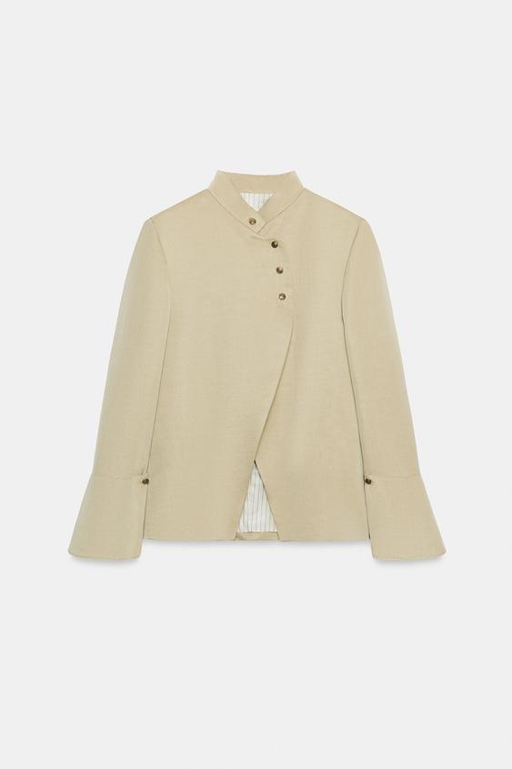 Women's cropped jacket with mandarin collar, button front and flared sleeves