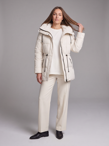 Women's beige quilted hooded puffer coat with drawstring waist and front pockets