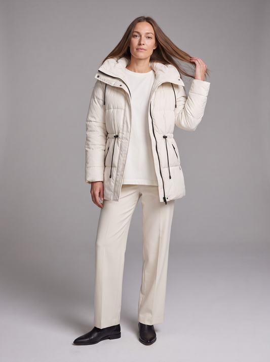 Women's beige quilted hooded puffer coat with drawstring waist and front pockets