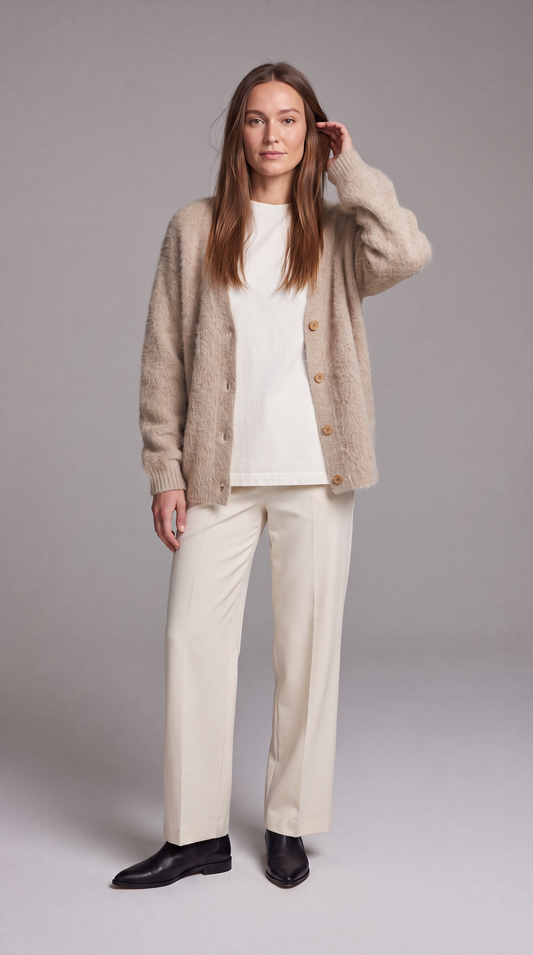Women's beige fluffy knit cardigan with V-neck and button front