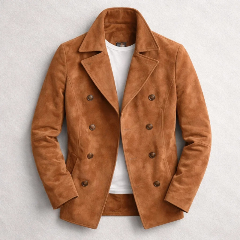 Men's textured double-breasted trench coat with notched collar and long sleeves