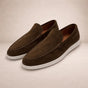 Men's slip-on moc toe loafers with stitched trim and light soles